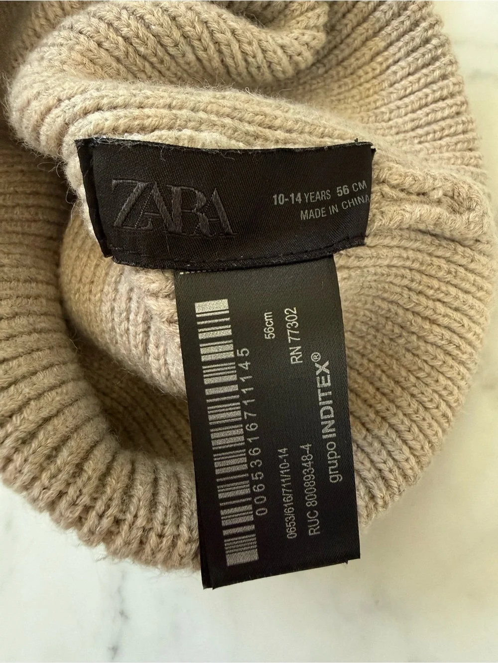 Zara Girls Beige Ribbed Knit Pom Pom Beanie 10-14Y
